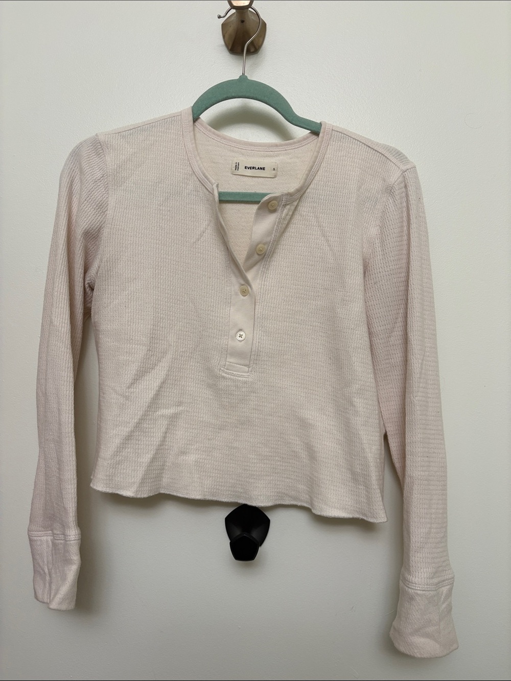 Everlane Cotton Knit Cropped Henley Long Sleeve Top in Cream